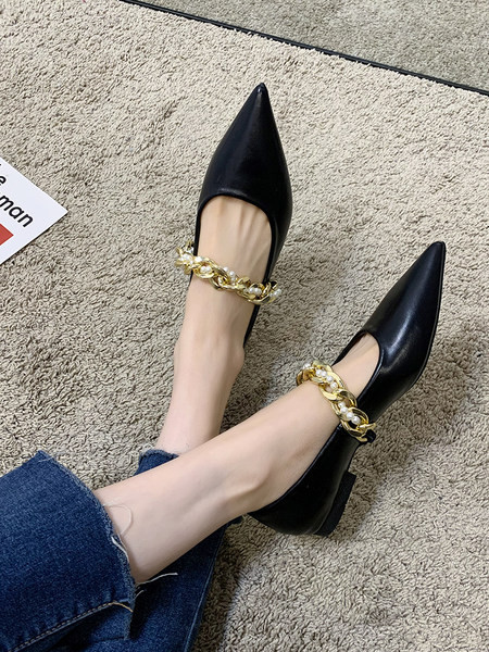 Pantofi moderni de dama ascutit din piele artificiala cu element metalic si perle