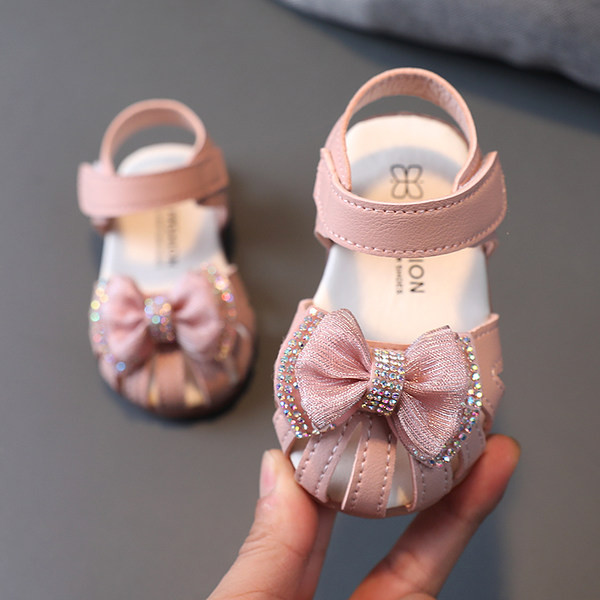 Sandale de vară pentru bebeluși cu decor panglică - piele ecologică