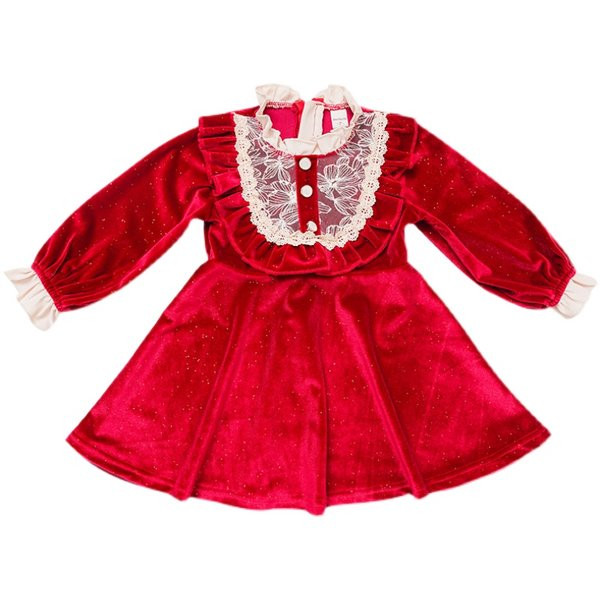 Bērnu samta kleita ar mežģīnēm - sarkanā krāsā