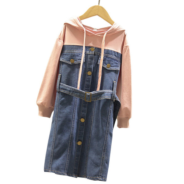 Ikdienas bērnu džinsa kleita ar pogām un kapuci