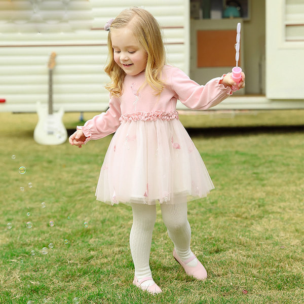 Moderna bērnu kleita ar garām piedurknēm meitenēm ar apaļu kakla izgriezumu