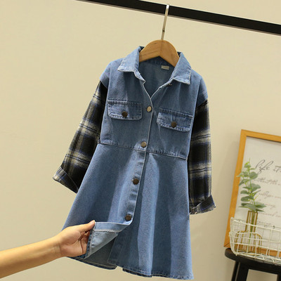 Παιδικό τζιν φόρεμα με κουμπιά και καρό μανίκια