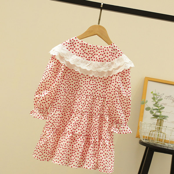 Rochie moderna pentru copii cu buline cu nasturi si maneci lungi