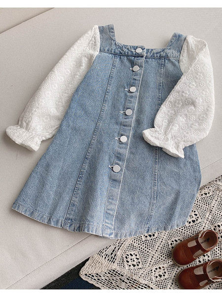 Jauna modeļa džinsa kleita ar mežģīņu piedurknēm meitenēm