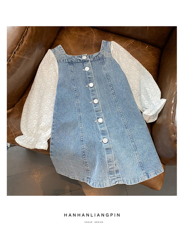 Jauna modeļa džinsa kleita ar mežģīņu piedurknēm meitenēm