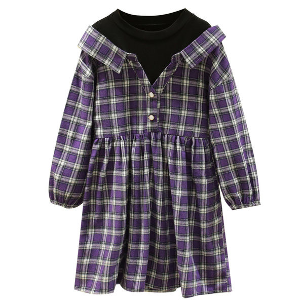 Bērnu rūtaina kleita ar pogām un garām piedurknēm