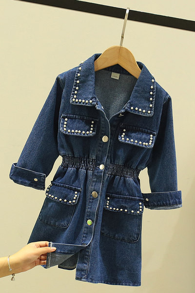 Bērnu džinsa kleita ar pogām un pērlēm