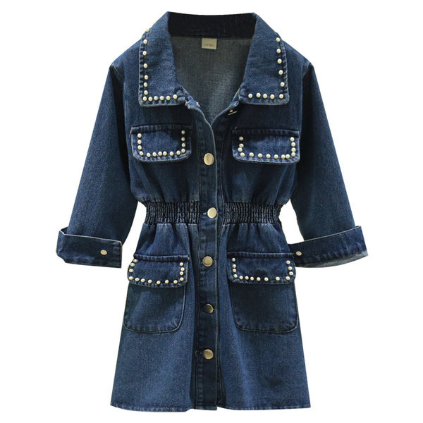 Bērnu džinsa kleita ar pogām un pērlēm