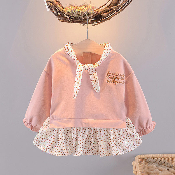 Bērnu pavasara kleita ar garām piedurknēm un izšuvumiem meitenēm