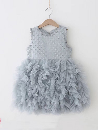 Παιδικό μοντέρνο φόρεμα με τούλι και οβάλ ντεκολτέ σε τρία χρώματα