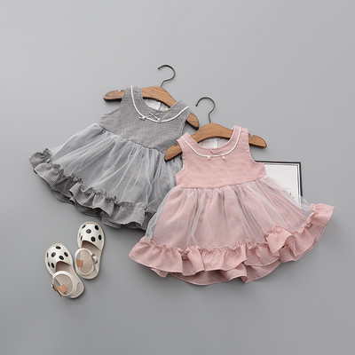 Детска карирана рокля с къдри отдолу и перли