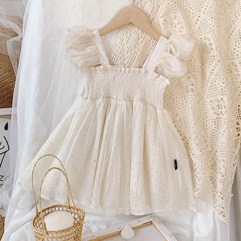 Детска рокля с лъскав ефект в бял и бежов цвят