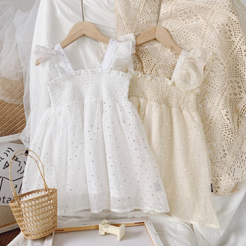 Παιδικό φόρεμα με γυαλιστερό αποτέλεσμα σε λευκό και μπεζ χρώμα