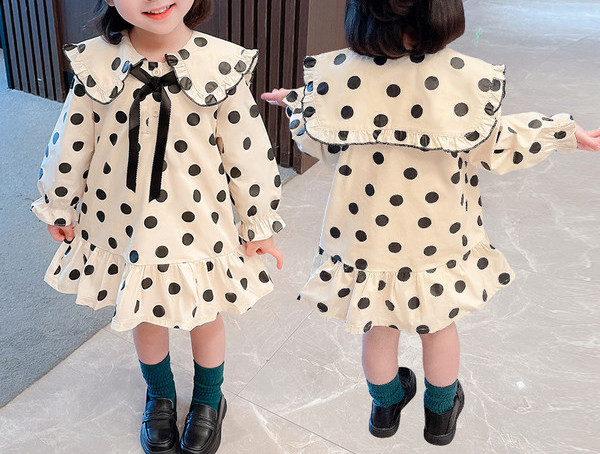 Μοντέρνο παιδικό φόρεμα πουά με μακριά μανίκια και στρογγυλή λαιμόκοψη για κορίτσια