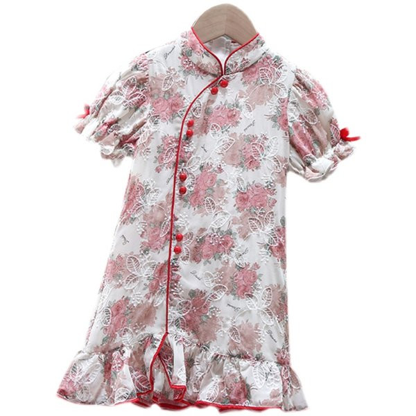 Μοντέρνο παιδικό φόρεμα με λουλουδάτα μοτίβα και κοντά μανίκια