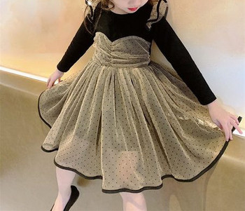 Нов модел детска рокля с обло деколте и тюл за момичета -дълъг или къс ръкав