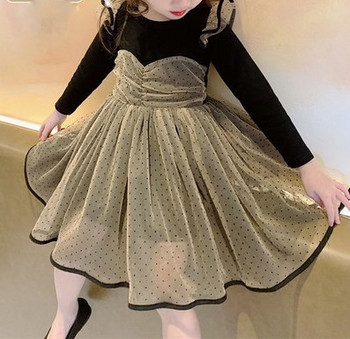 Нов модел детска рокля с обло деколте и тюл за момичета -дълъг или къс ръкав