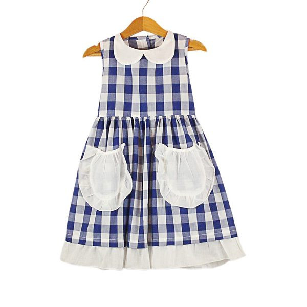 Bērnu rūtainā kleita ar kabatām zilā krāsā