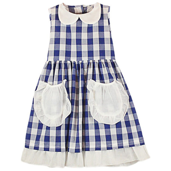 Bērnu rūtainā kleita ar kabatām zilā krāsā