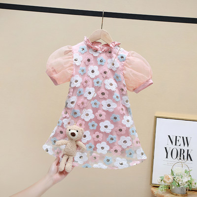 Μοντέρνο παιδικό φόρεμα με λουλούδια μοτίβα και κοντά μανίκια