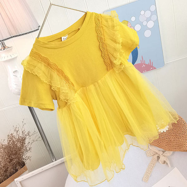 Rochie moderna pentru copii cu broderie si tul in galben