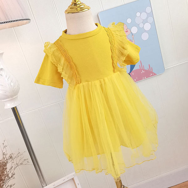 Rochie moderna pentru copii cu broderie si tul in galben