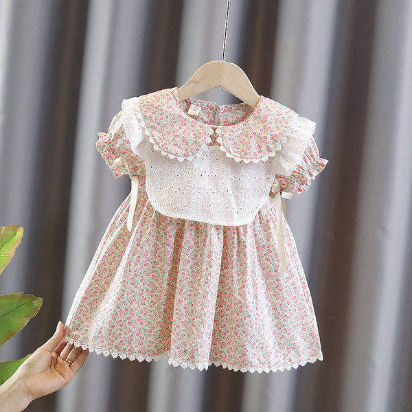 Παιδικό φόρεμα με κοντά μανίκια και δαντέλα για κορίτσια