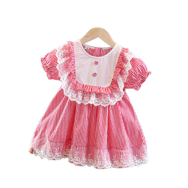 Παιδικό φόρεμα  καρό με δαντέλα και κοντά μανίκια