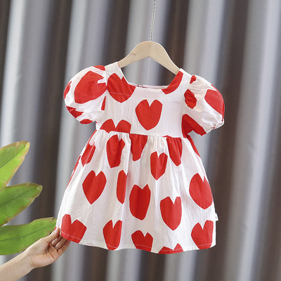 Παιδικό φόρεμα με καρδιές με κοντά μανίκια και στρογγυλή λαιμόκοψη