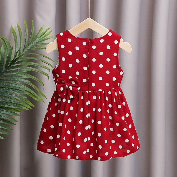 Bērnu punktveida kleita ar apaļu kakla izgriezumu un lentes rotājumu