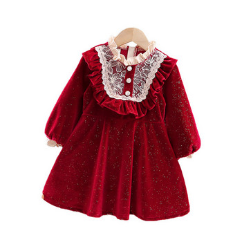 Модерна детска рокля от кадифе в червен цвят с дълъг ръкав