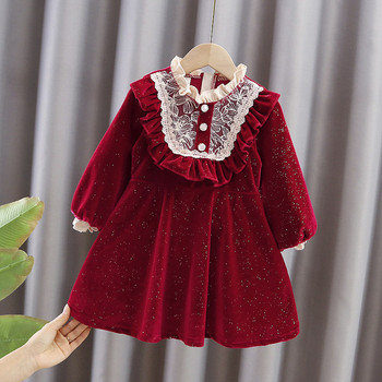 Μοντέρνο παιδικό φόρεμα από βελούδο σε κόκκινο κόκκινο με μακριά μανίκια