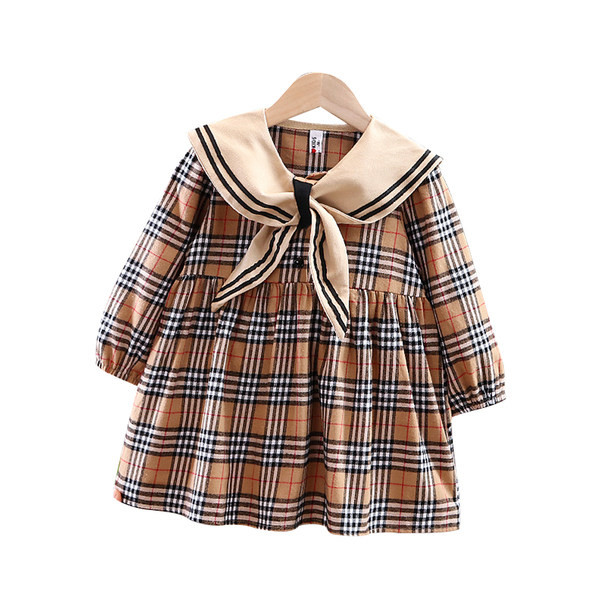 Rūtaina bērnu kleita ar garām piedurknēm - brūnā krāsā