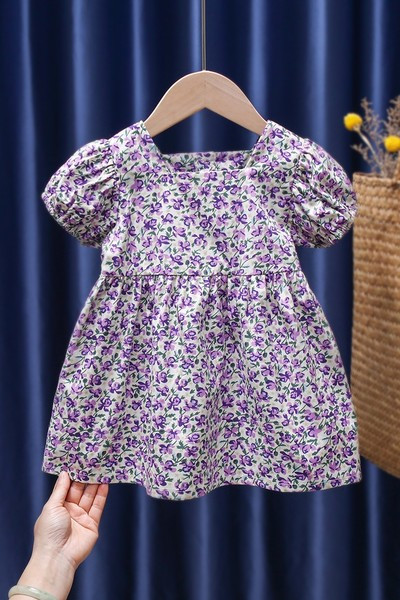 Ikdienas bērnu kleita ar īsām piedurknēm un ziedu rakstu meitenēm