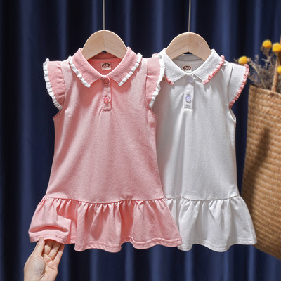 Ежедневна детска рокля с яка и къдри в бял и розов цвят