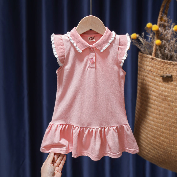 Casual παιδικό φόρεμα με γιακά και βολάν σε λευκό και ροζ χρώμα