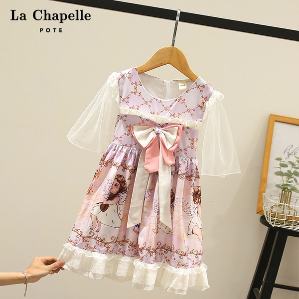 Μοντέρνο παιδικό φόρεμα με κοντά μανίκια και κορδέλα