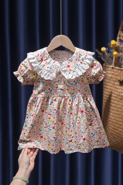 Rochie pentru copii model nou cu motive florale si nasturi pentru fete