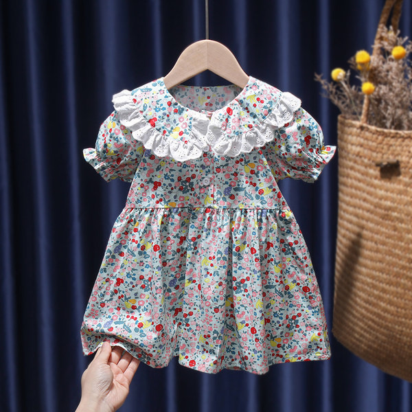 Rochie pentru copii model nou cu motive florale si nasturi pentru fete