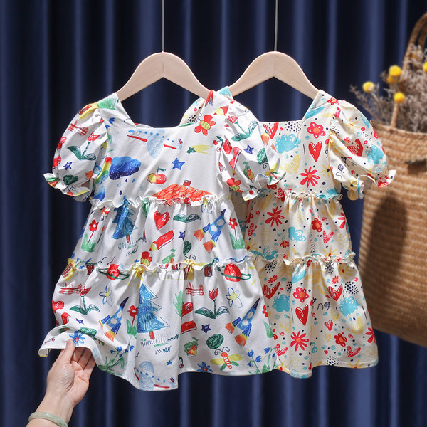 Πολύχρωμο μοντέρνο παιδικό φόρεμα με τετράγωνο ντεκολτέ και κοντά μανίκια