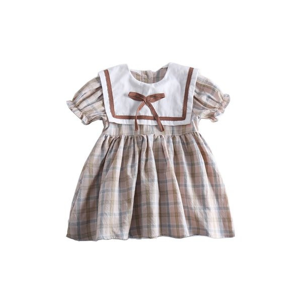 Moderna bērnu rūtainā kleita ar īsām piedurknēm un apaļu kakla izgriezumu