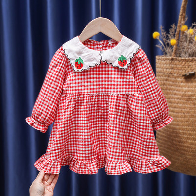 Нов модел карирана детска рокля с къдри и бродерия в два цвята