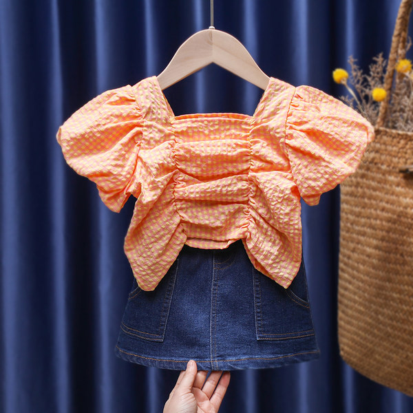 Jauna modeļa bērnu džinsa svārki ar pogām un kabatām