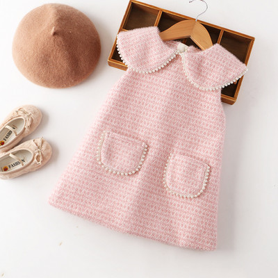 Μοντέρνο παιδικό φόρεμα με τσέπες σε ροζ και γκρι χρώμα