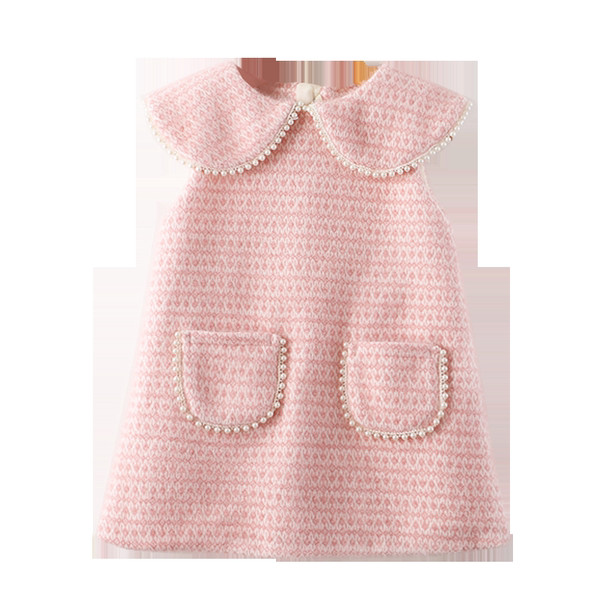 Μοντέρνο παιδικό φόρεμα με τσέπες σε ροζ και γκρι χρώμα