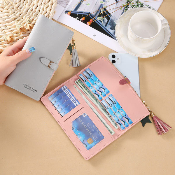 Γυναικείο μεγάλο έκο δερμάτινο πορτοφόλι με φούντα σε διάφορα χρώματα