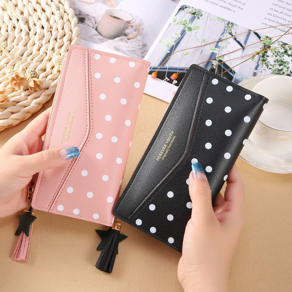 Γυναικείο έκο δερμάτινο πορτοφόλι πουά με φούντα σε διάφορα χρώματα