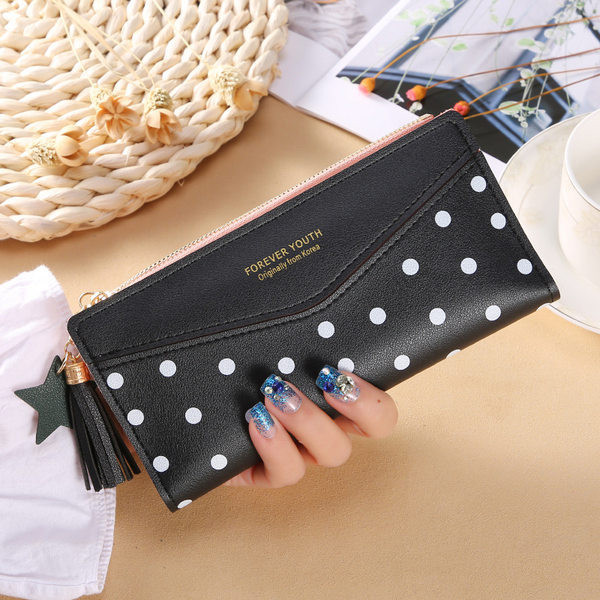 Γυναικείο έκο δερμάτινο πορτοφόλι πουά με φούντα σε διάφορα χρώματα