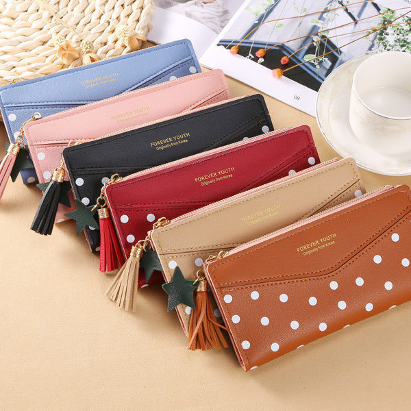 Γυναικείο έκο δερμάτινο πορτοφόλι πουά με φούντα σε διάφορα χρώματα