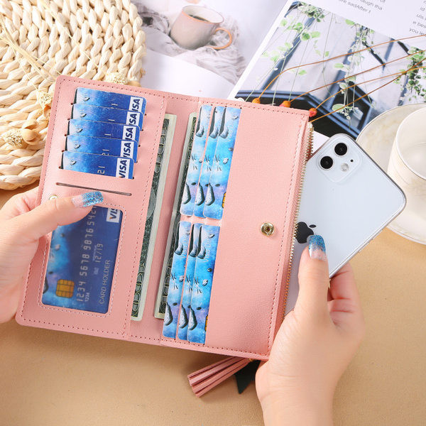 Γυναικείο έκο δερμάτινο πορτοφόλι πουά με φούντα σε διάφορα χρώματα